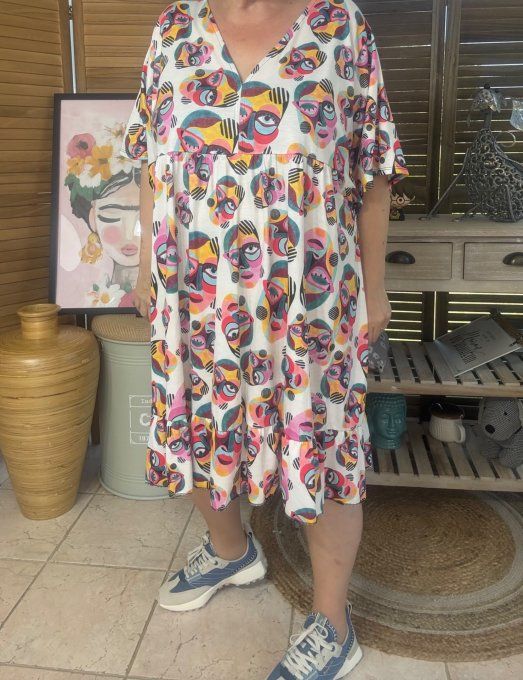 Robe trapèze courte blanche Picasso Painting Cubic Women du 40 au 52
