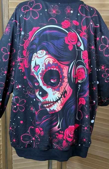 Sweat ample col V manches longues The Catrina Mexican Skulls Girl du 40 au 52