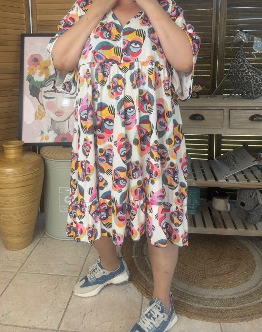 Robe trapèze courte blanche Picasso Painting Cubic Women du 40 au 52