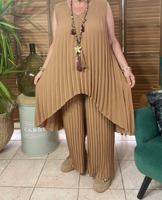 Ensemble plissé pantalon palazzo + tunique asymétrique Camel du 38 au 48/50