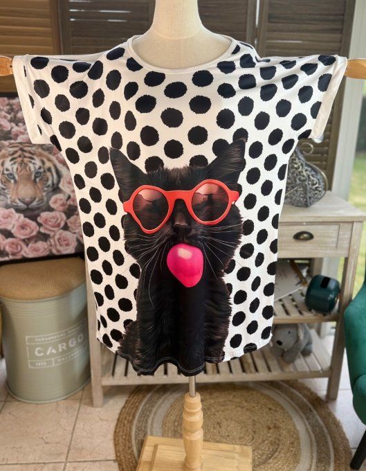 Tunique longue ou robe courte blanche pois noirs Le Chat noir Bubble du 40 au 50/52  
