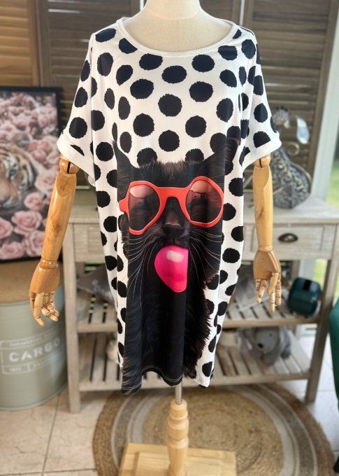 Tunique longue ou robe courte blanche pois noirs Le Chat noir Bubble du 40 au 50/52  