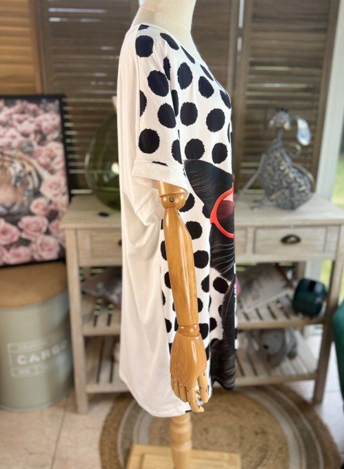 Tunique longue ou robe courte blanche pois noirs Le Chat noir Bubble du 40 au 50/52  