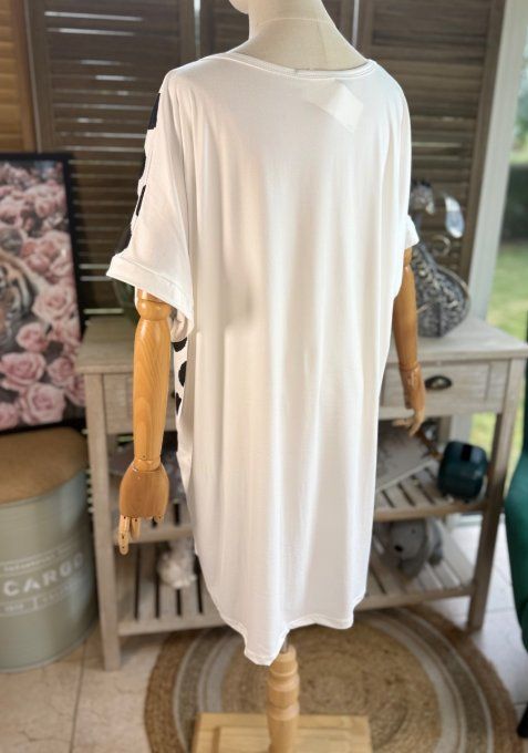 Tunique longue ou robe courte blanche pois noirs Le Chat noir Bubble du 40 au 50/52  