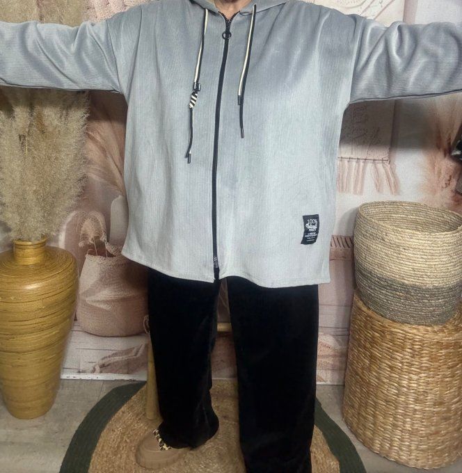 Gilet à capuche velours rayé gris perle doublé confort ++++ du 40 au 52  