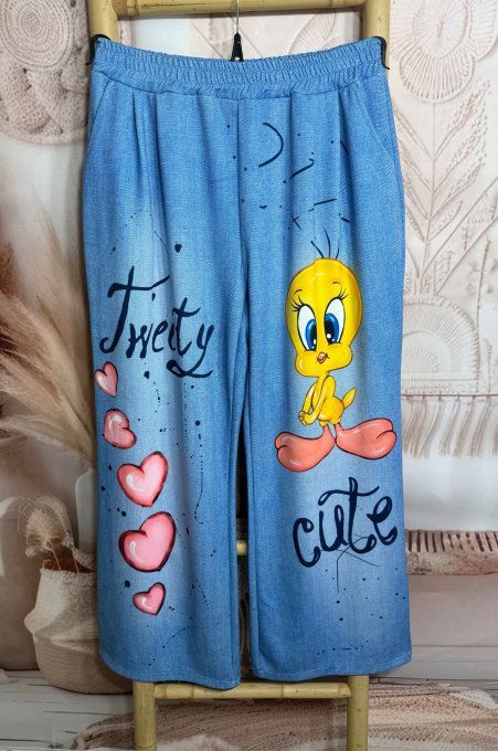 Pantalon Wide Legs effet jeans stone clair délavé Cute Titi Coeurs confort +++ du 40 au 50