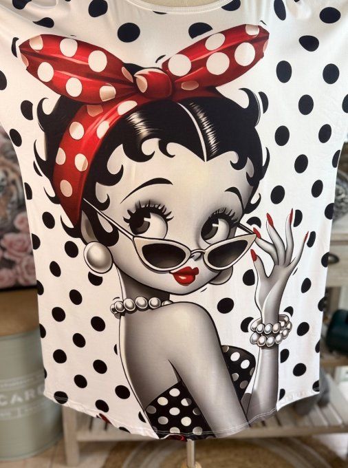 Tunique longue ou robe courte blanche pois noirs Betty Boop rétro du 40 au 50/52  