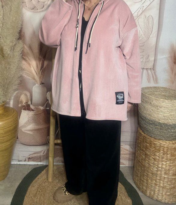 Gilet à capuche velours rayé rose poudré doublé confort ++++ du 40 au 52 