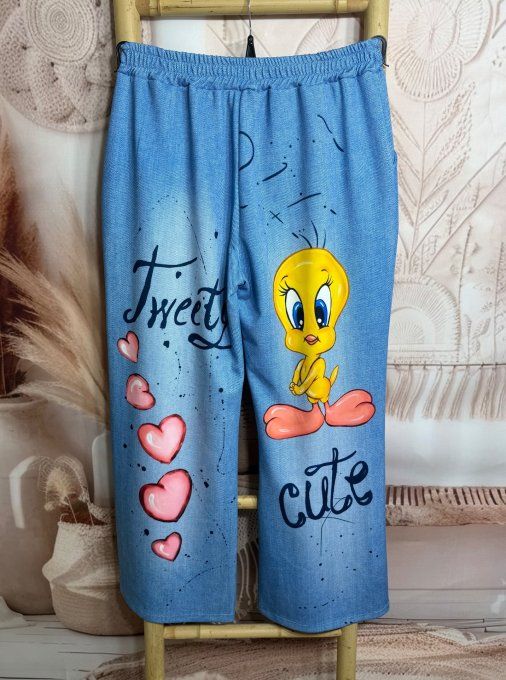 Pantalon Wide Legs effet jeans stone clair délavé Cute Titi Coeurs confort +++ du 40 au 50