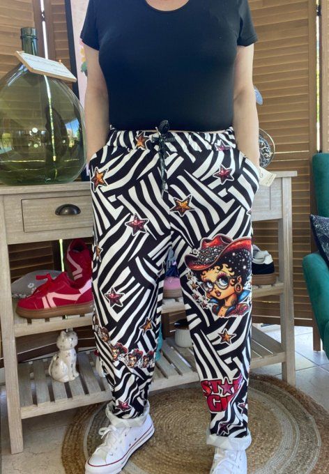panta jogg  (dit magique) zébré noir & blanc Betty Boop Country Girl du 40 au 50