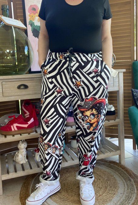 panta jogg  (dit magique) zébré noir & blanc Betty Boop Country Girl du 40 au 50
