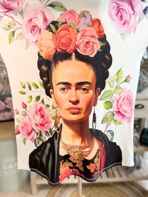 Tunique longue ou robe courte blanche Frida Kahlo aux Fleurs du 40 au 50/52 