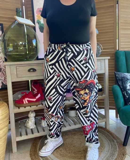 panta jogg  (dit magique) zébré noir & blanc Betty Boop Country Girl du 40 au 50