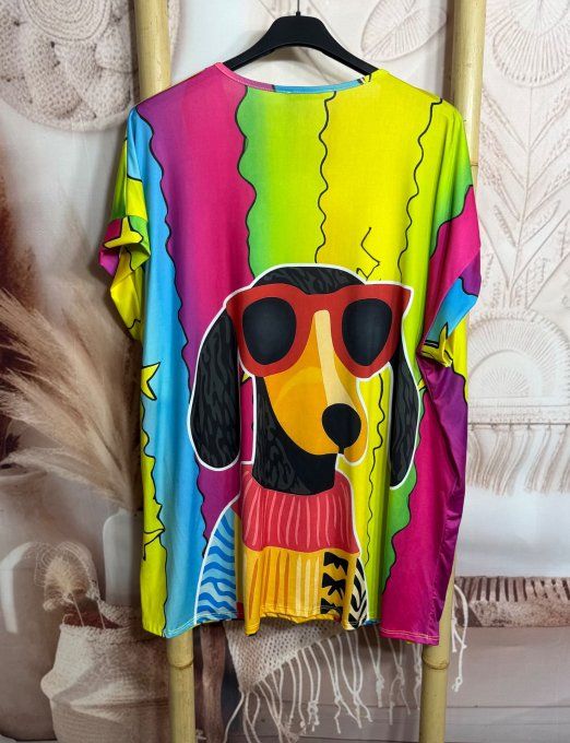 Tee-shirt fin ample lycra rayé Arc-en-ciel Mon Teckel à lunettes  du 40 au 52/54  