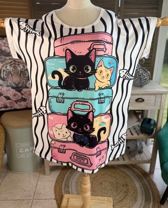 Tunique longue ou robe courte blanche Les Chats dans les valises du 40 au 50/52 