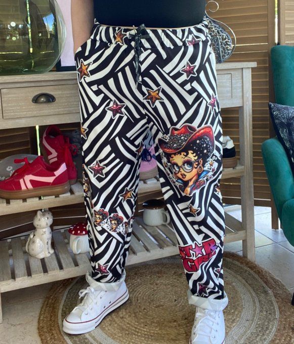panta jogg  (dit magique) zébré noir & blanc Betty Boop Country Girl du 40 au 50