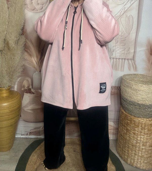 Gilet à capuche velours rayé rose poudré doublé confort ++++ du 40 au 52 