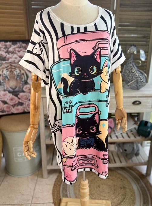 Tunique longue ou robe courte blanche Les Chats dans les valises du 40 au 50/52 