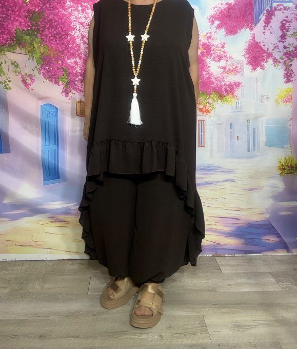 Ensemble chocolat tunique longue asymétrique + pantalon bouffant bas élastiqué du 42 au 52/54