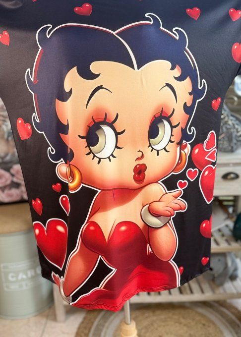 Tunique longue ou robe courte noire Betty Boop Coeurs rouges du 40 au 50/52 