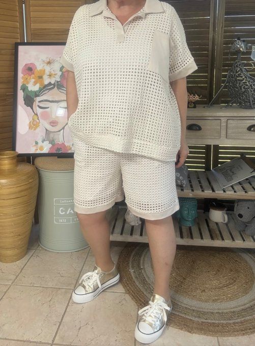 Ensemble short + top maille filet beige Lurex doré or du 34 au 44 