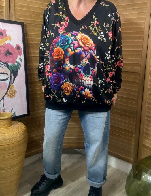 Sweat ample col V manches longues Mexican Skulls Calavera & Flowers du 40 au 52