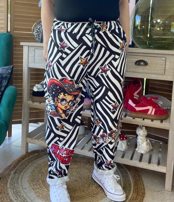 panta jogg  (dit magique) zébré noir & blanc Betty Boop Country Girl du 40 au 50