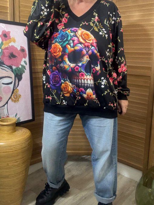 Sweat ample col V manches longues Mexican Skulls Calavera & Flowers du 40 au 52