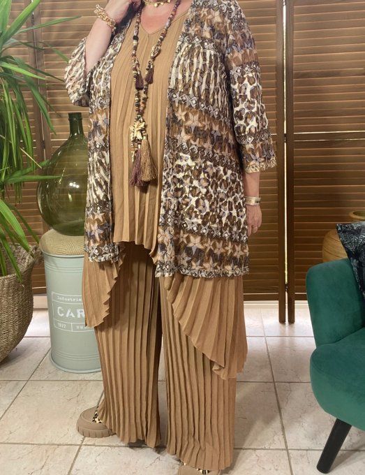 Ensemble plissé pantalon palazzo + tunique asymétrique Camel du 38 au 48/50