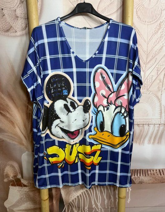 Tee-shirt fin ample lycra carreaux marine Mickey & Daisy du 40 au 52/54