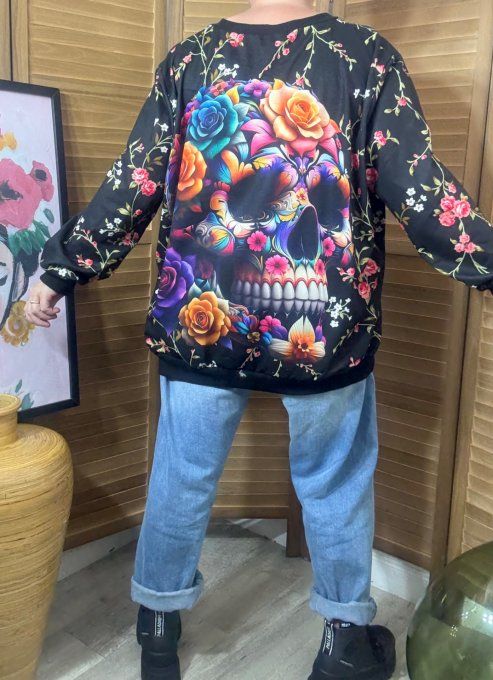 Sweat ample col V manches longues Mexican Skulls Calavera & Flowers du 40 au 52