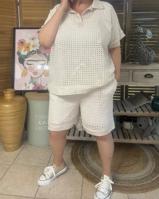 Ensemble short + top maille filet beige Lurex doré or du 34 au 44 