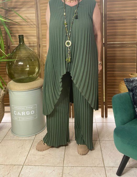 Ensemble plissé pantalon palazzo + tunique asymétrique Kaki du 38 au 48/50 