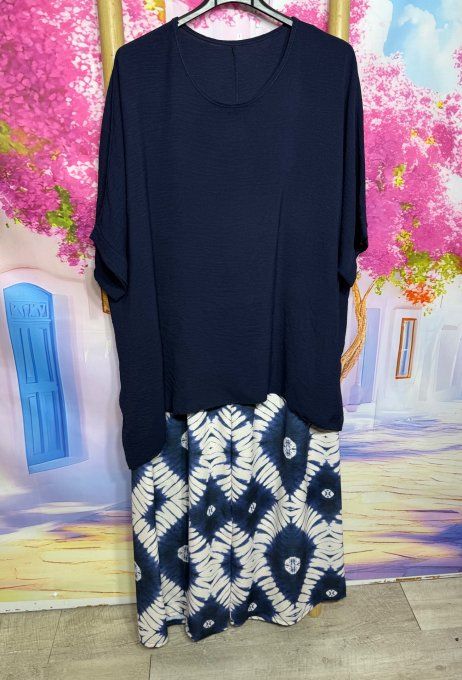 Ensemble tunique ample marine + pantalon palazzo cuisses larges marine blanc du 40 au 48