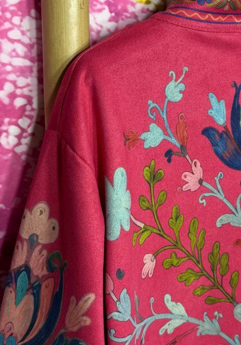 Veste suédine Fuschia Effet Fleurs brodées Gypsie Bohème Chic du 36 au 46/48