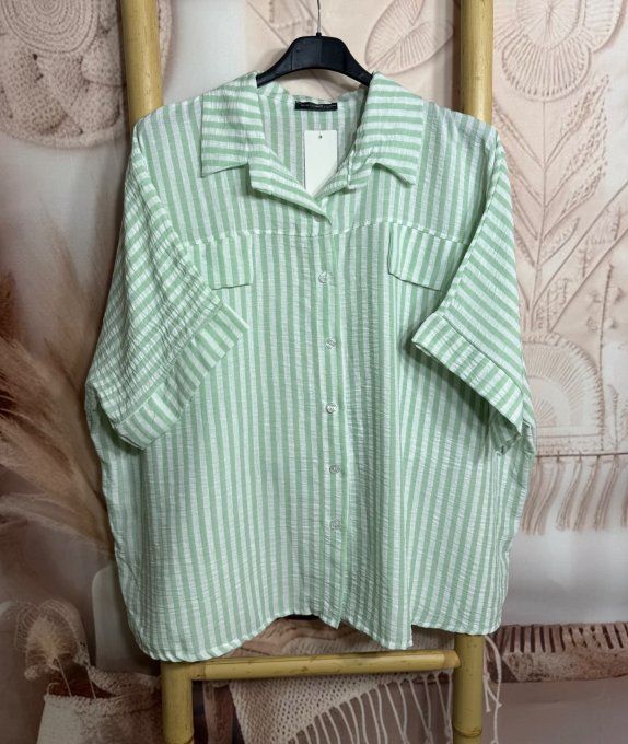 Chemise oversize rayée Vert menthe & blanc effet gaufré et aspect Lin du 40 au 52/54
