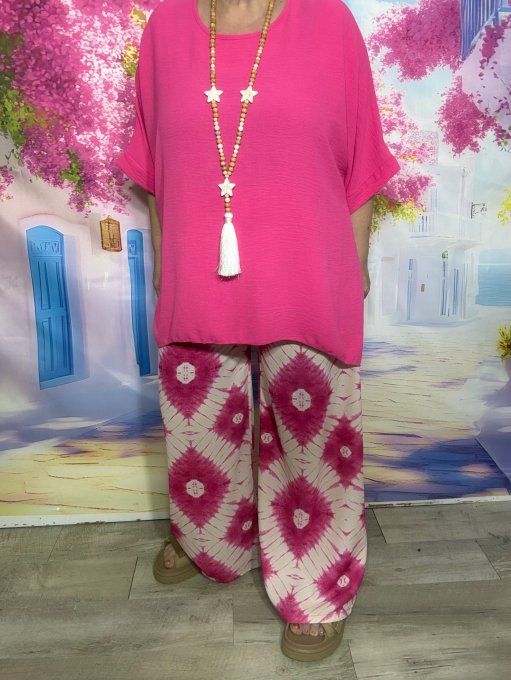 Ensemble tunique ample Fuschia + pantalon palazzo cuisses larges Fuschia écru du 40 au 48