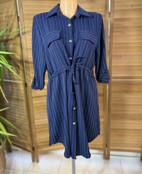 Robe chemise rayée marine taille ajustable manches réglables du 34 au 42 et + si portée ouverte 
