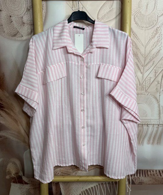 Chemise oversize rayée rose bébé & blanc effet gaufré et aspect Lin du 40 au 52/54