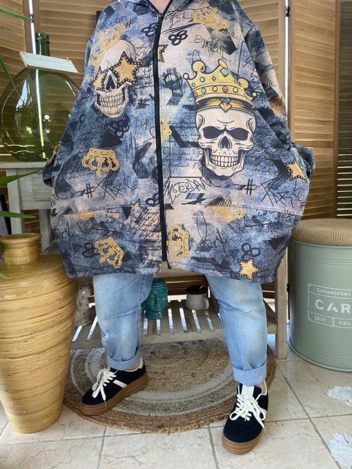 Manteau à capuche suédine effet jeans délavé King Skulls du 42 au 52 et même +