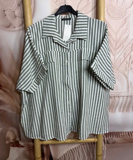 Chemise oversize rayée Kaki & blanc effet gaufré et aspect Lin du 40 au 52/54  