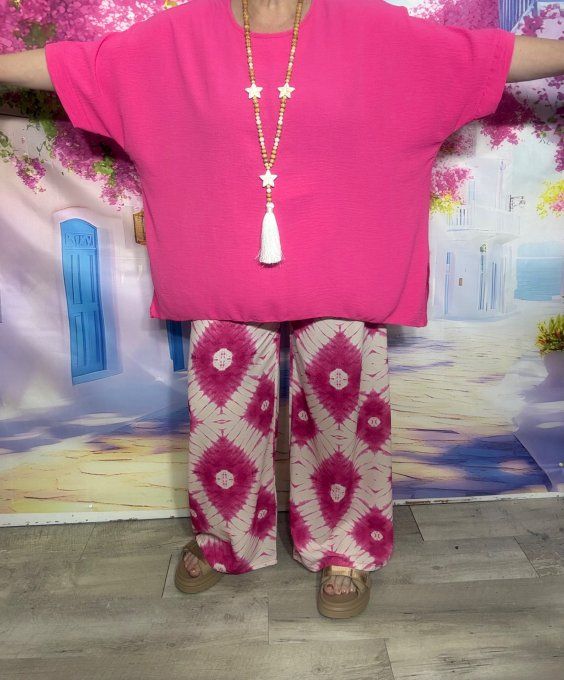 Ensemble tunique ample Fuschia + pantalon palazzo cuisses larges Fuschia écru du 40 au 48