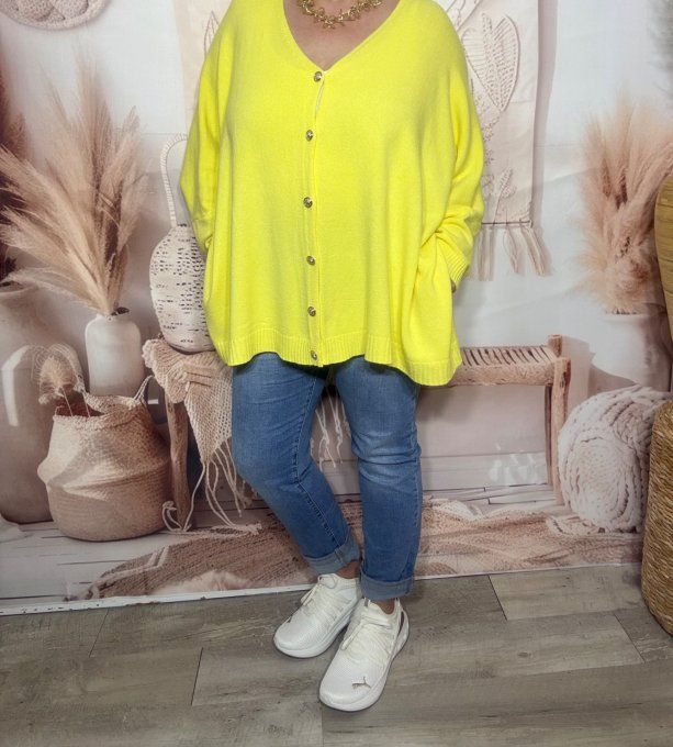 Gilet sans laine oversize jaune citron étoile argentée dos douceur ++++ du 40 au 56/58 et même +