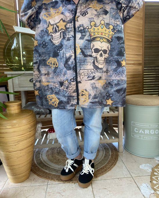 Manteau à capuche suédine effet jeans délavé King Skulls du 42 au 52 et même +