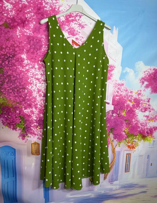 Robe trapèze mi-longue asymétrique Vert Olive à pois blancs douceur +++ du 38 au 48/50 