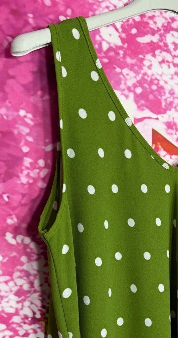 Robe trapèze mi-longue asymétrique Vert Olive à pois blancs douceur +++ du 38 au 48/50 