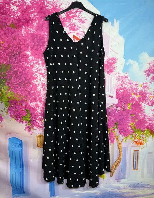 Robe trapèze mi-longue asymétrique noire à pois blancs douceur +++ du 38 au 48/50