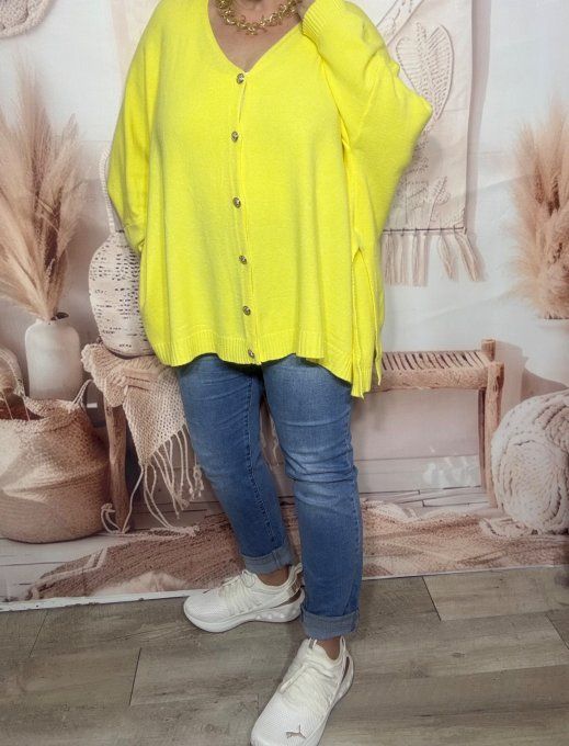 Gilet sans laine oversize jaune citron étoile argentée dos douceur ++++ du 40 au 56/58 et même +