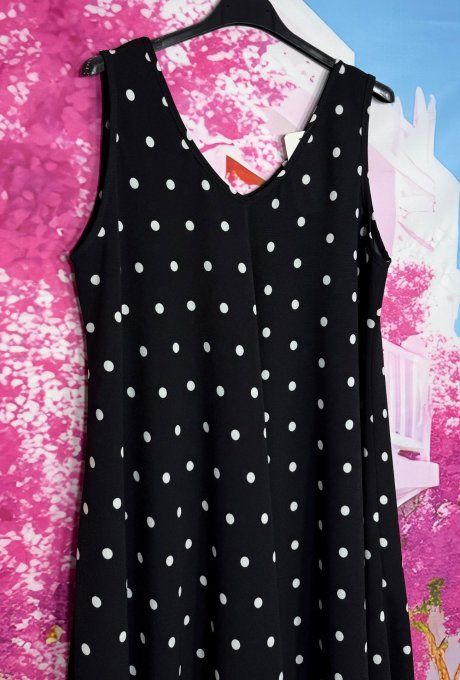 Robe trapèze mi-longue asymétrique noire à pois blancs douceur +++ du 38 au 48/50