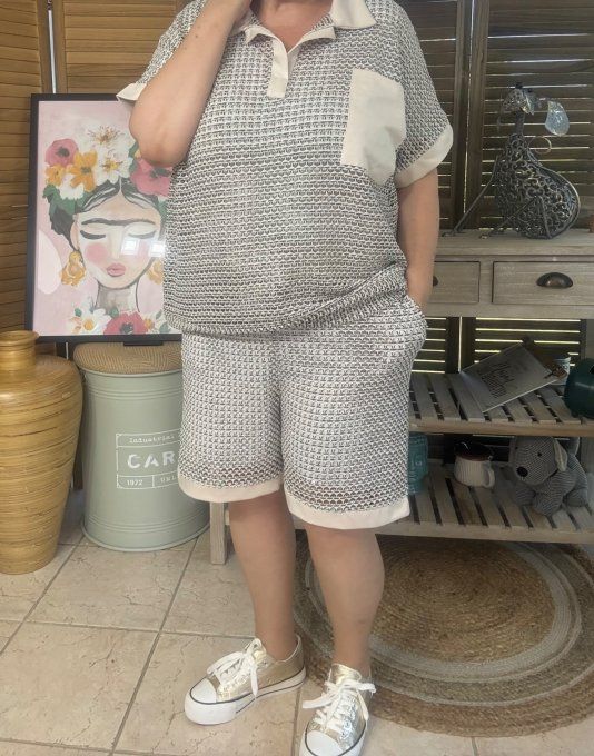 Ensemble short + top maille filet noir Lurex doré or du 34 au 44